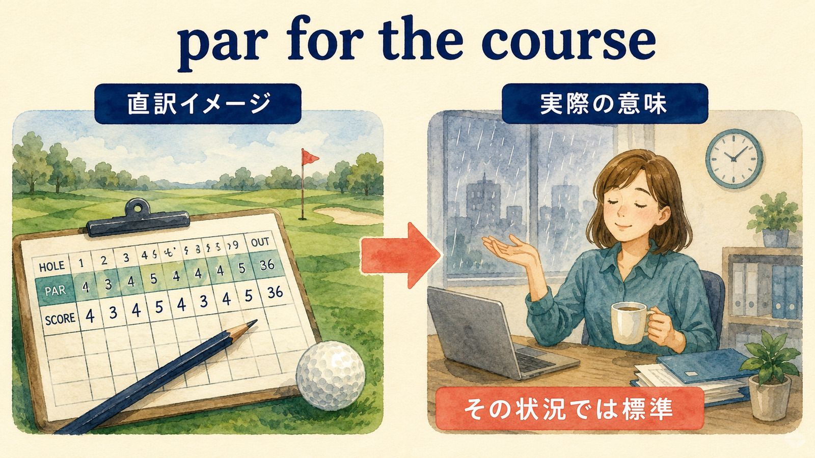par for the courseの直訳イメージと実際の意味を比較する解説イラスト