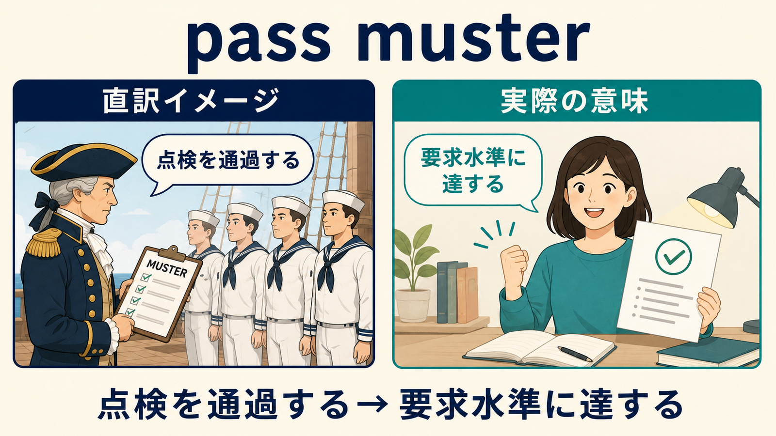 pass musterの直訳イメージと実際の意味を比較した図解