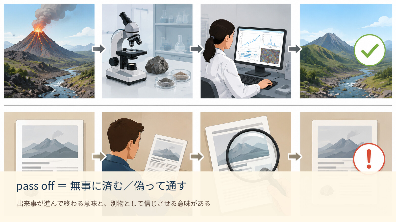 pass off の意味を示す解説イラスト