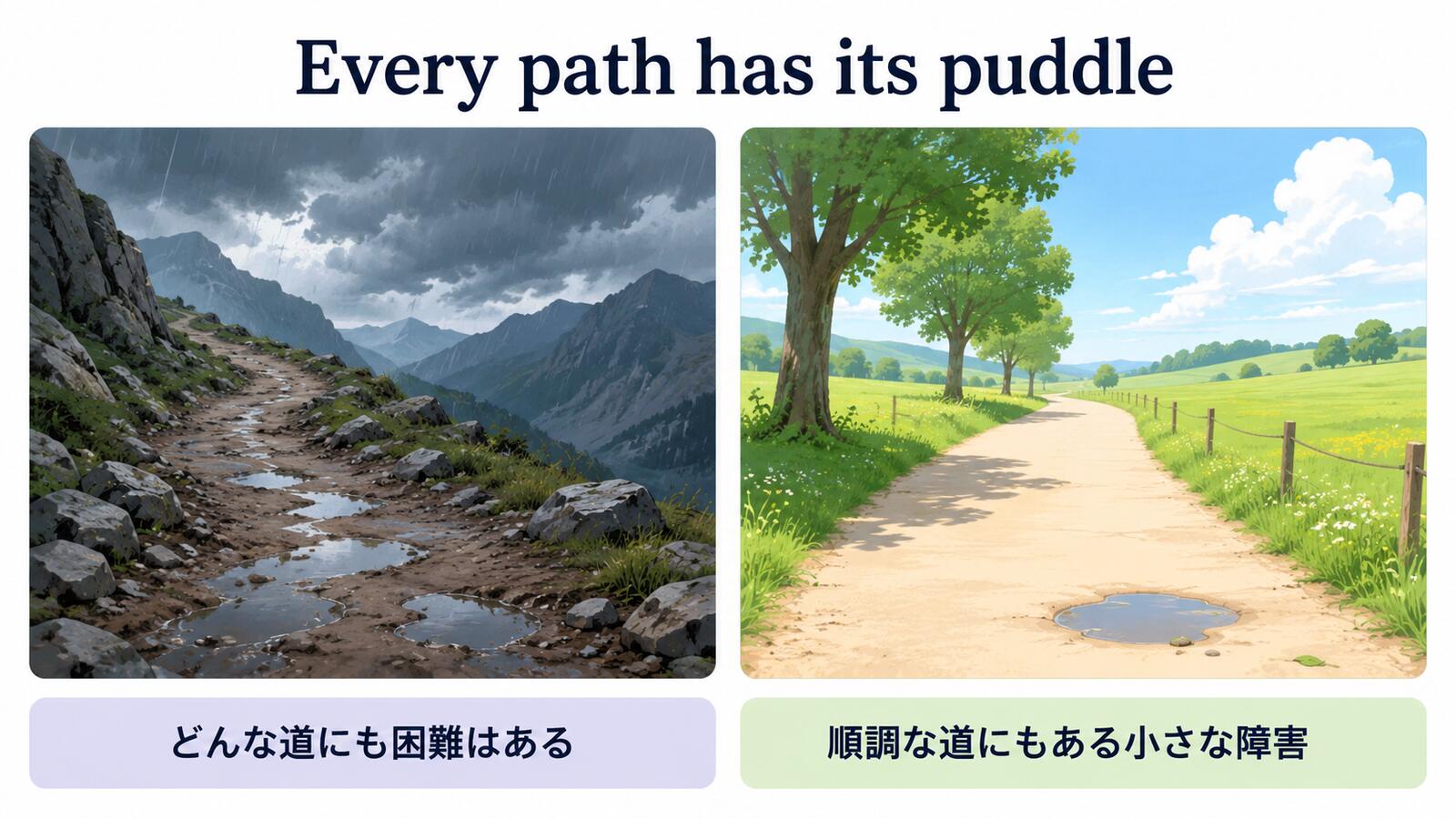 Every path has its puddleの直訳と実際のニュアンスを説明するイラスト