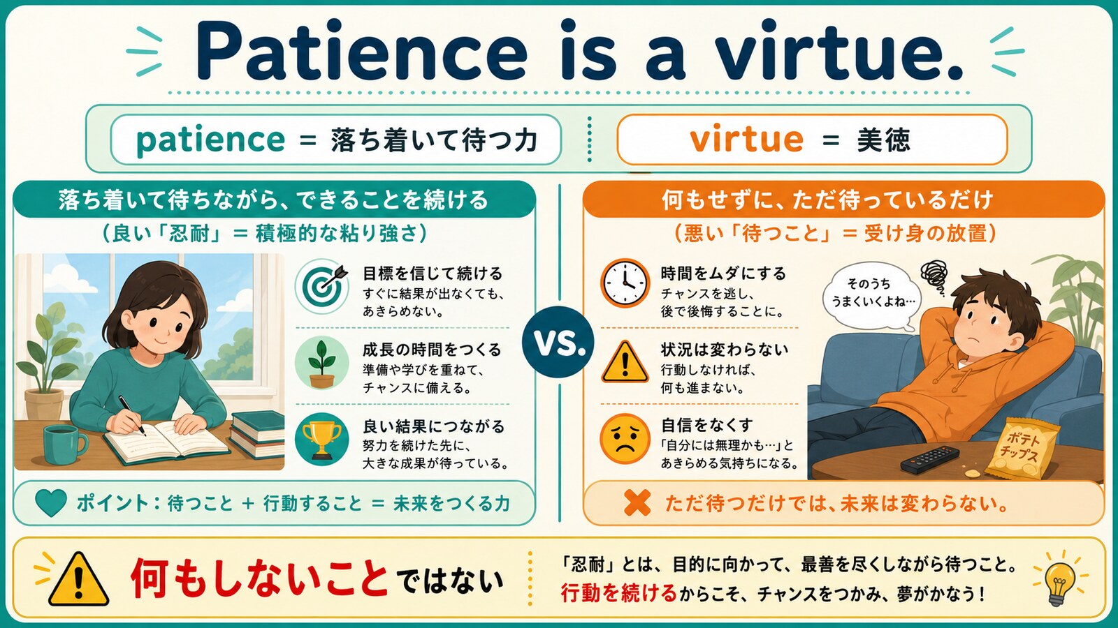 Patience is a virtue.の直訳と実際の意味を説明するイラスト