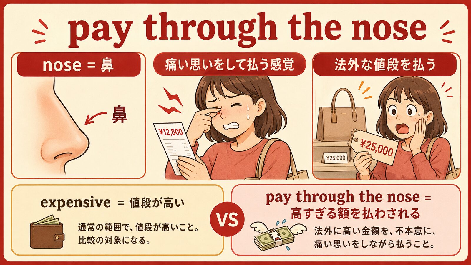 pay through the noseの直訳イメージと実際のニュアンスを比較する解説イラスト