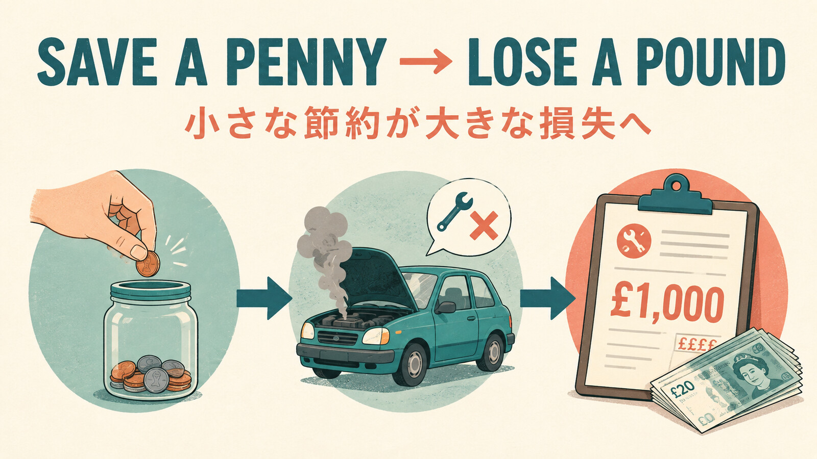 Penny wise and pound foolish.の直訳と実際の意味を比較する解説イラスト