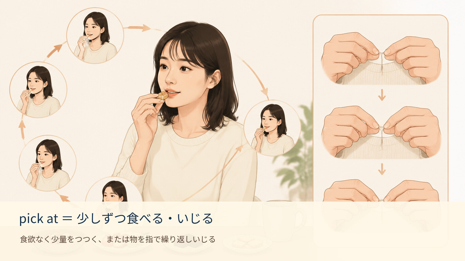 pick at の意味を示す解説イラスト