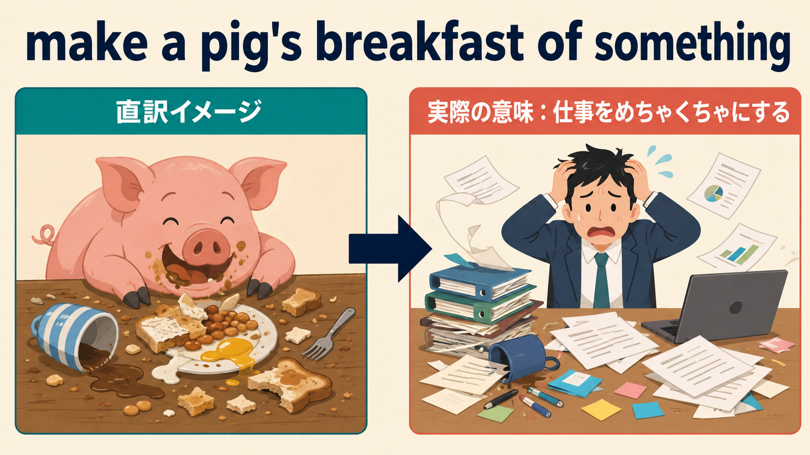 make a pig's breakfast of somethingの直訳イメージから実際の意味への図解