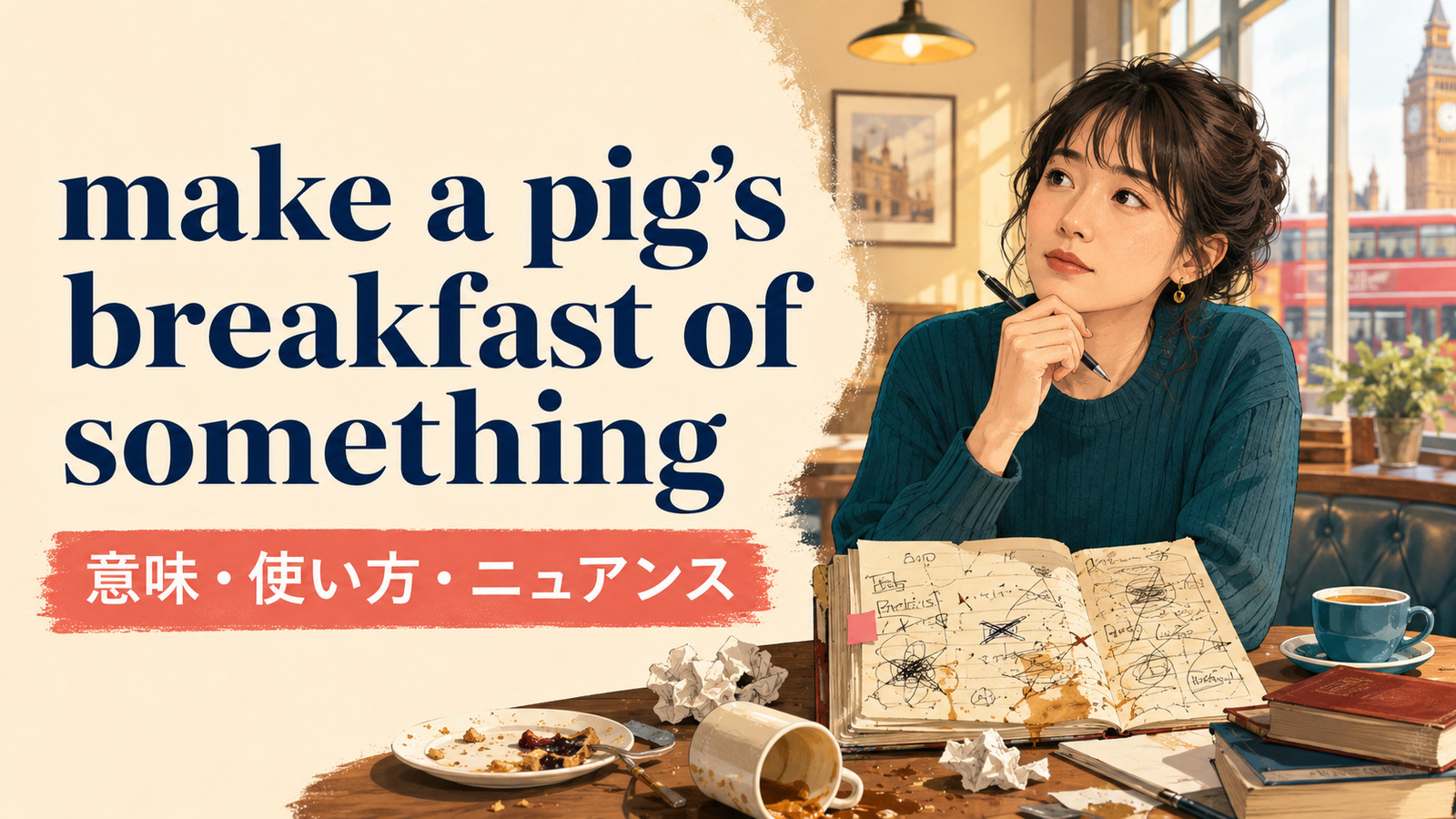 make a pig's breakfast of somethingの意味・使い方・ニュアンスを解説するアイキャッチ画像