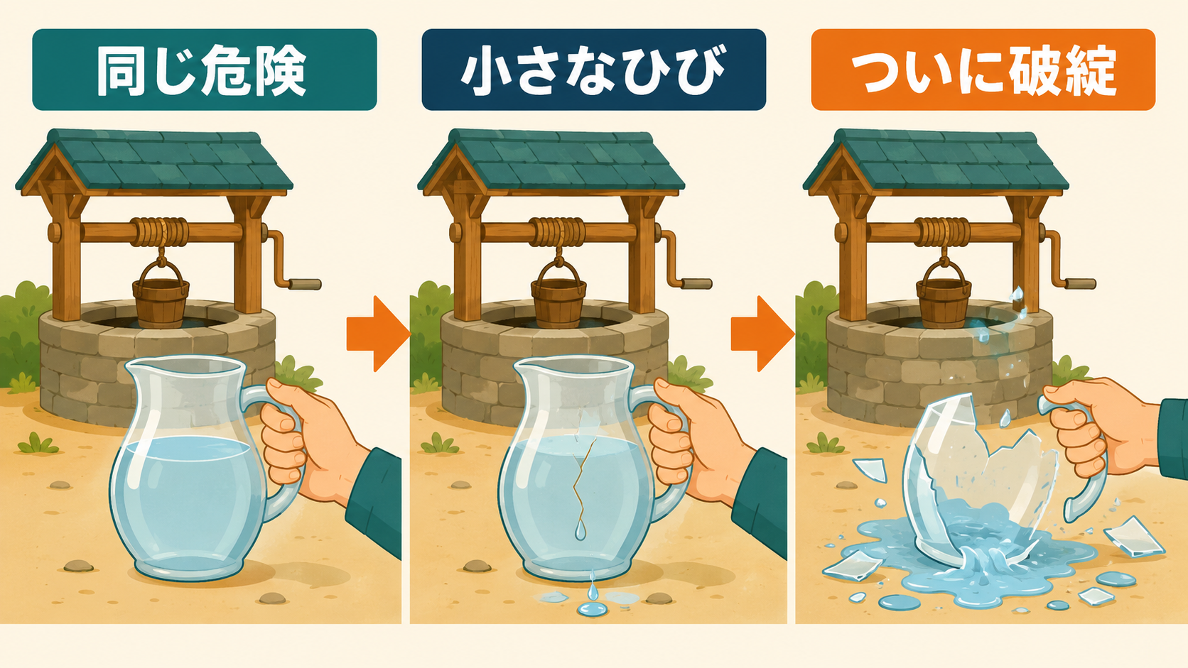 同じ危険を繰り返した水差しがひび割れ破綻するイラスト