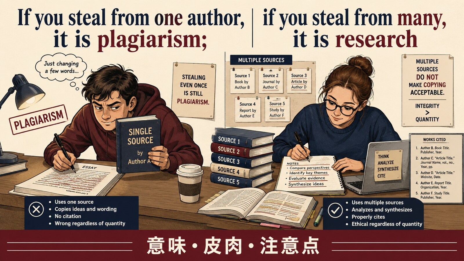 If you steal from one author, it is plagiarism; if you steal from many, it is researchの意味と使い方