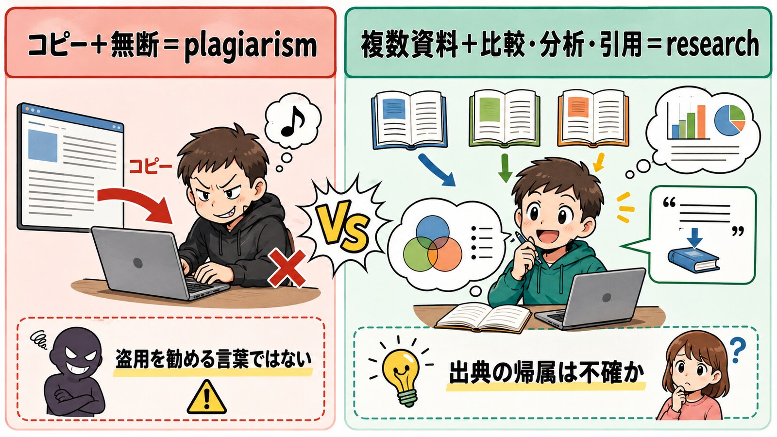 If you steal from one author, it is plagiarism; if you steal from many, it is researchのニュアンスを示す解説図