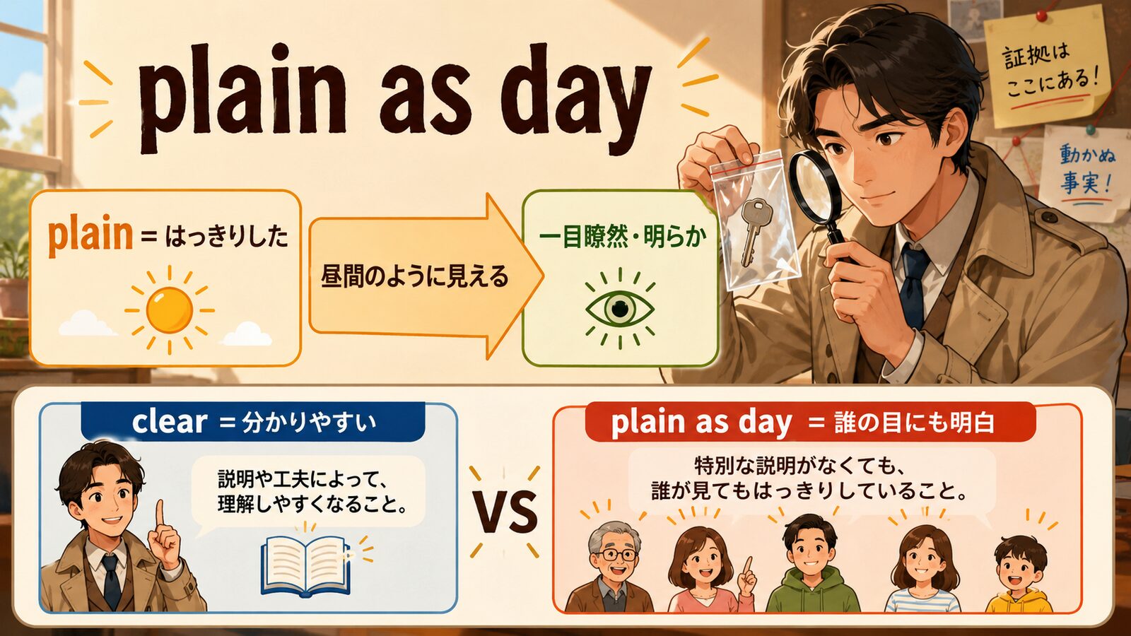 plain as dayの直訳イメージと実際のニュアンスを比較する解説イラスト