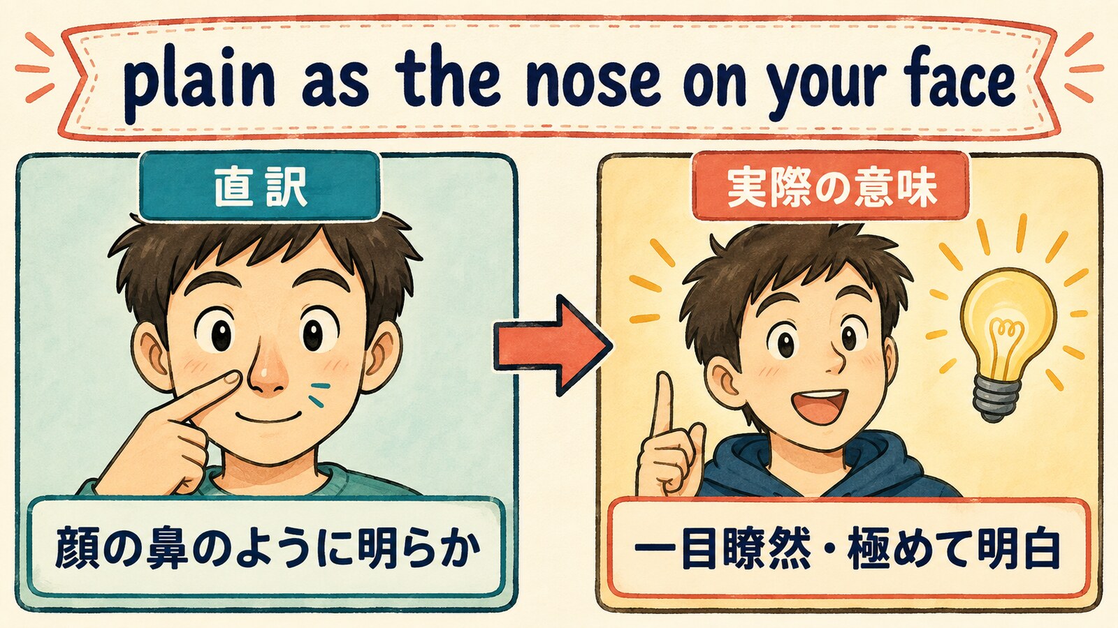 plain as the nose on your faceの直訳と実際の意味を比較する解説イラスト