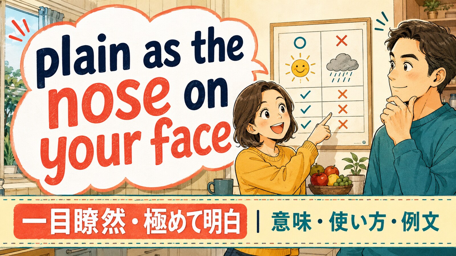 plain as the nose on your faceの意味・使い方・例文を紹介するアイキャッチ画像