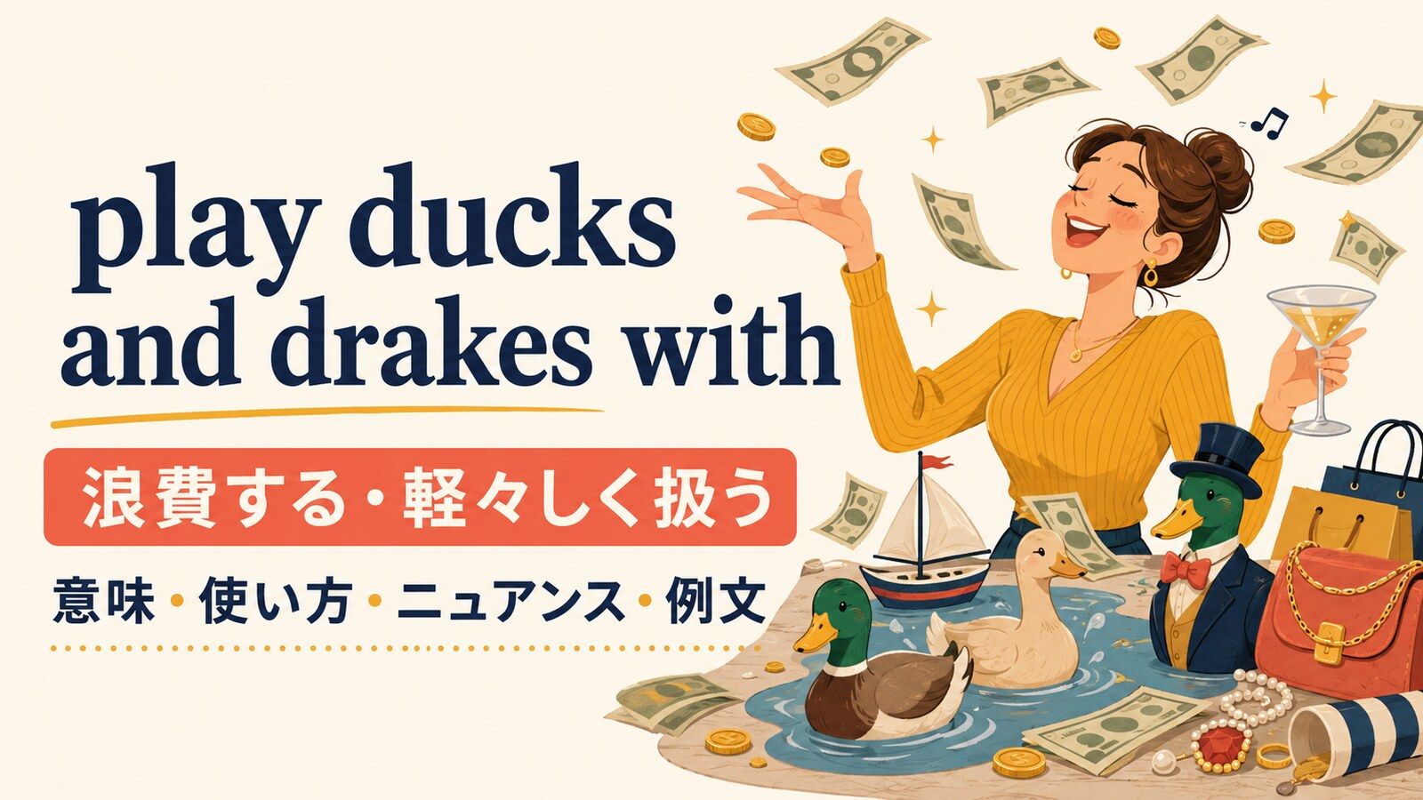 play ducks and drakes withの意味・使い方・ニュアンスを解説するアイキャッチ画像