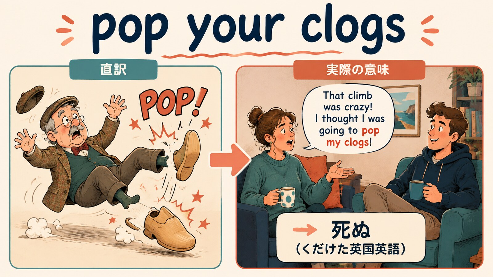 pop your clogsの直訳と実際の意味を比較する解説イラスト