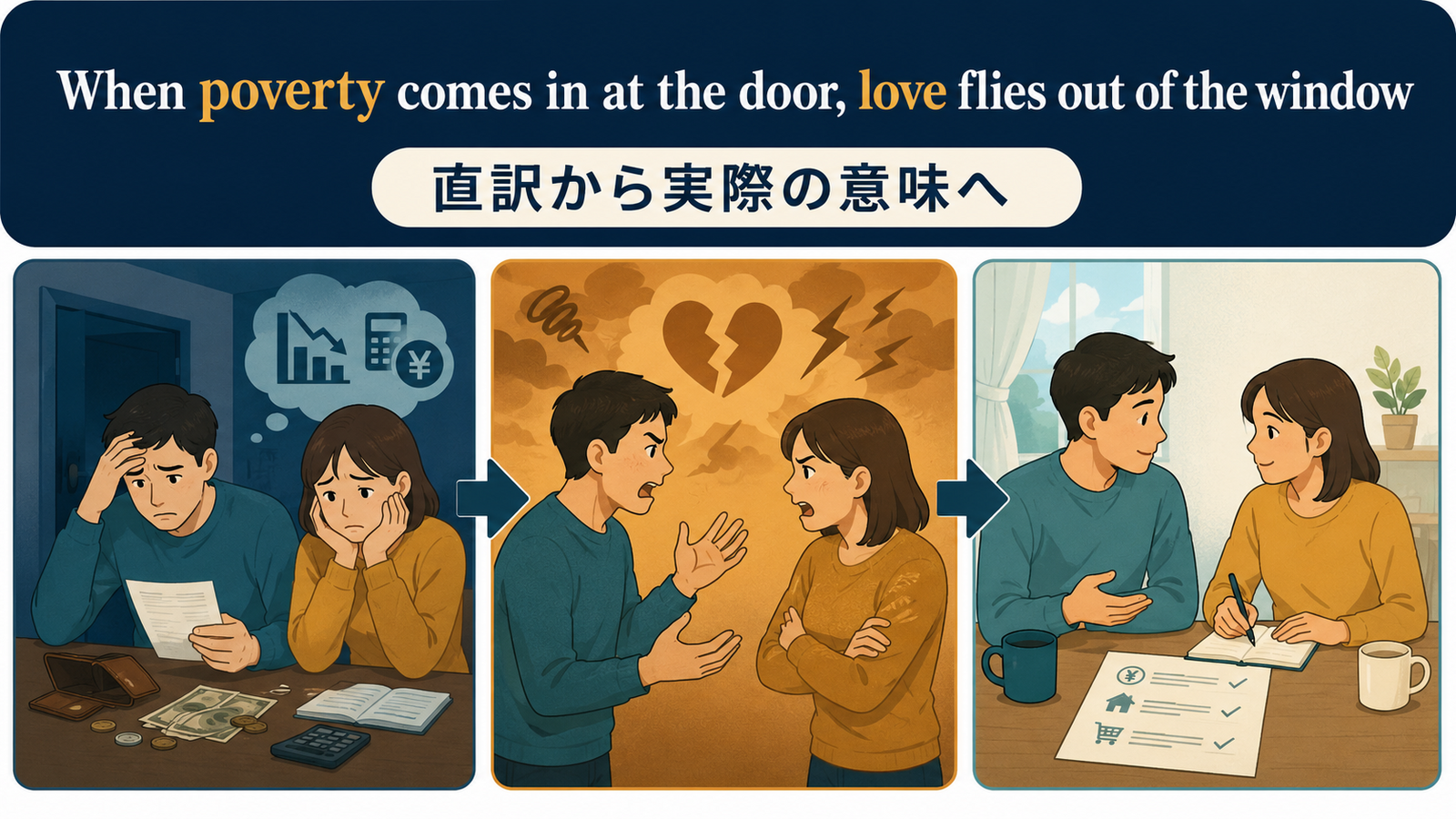 When poverty comes in at the door, love flies out of the windowのニュアンスを図解