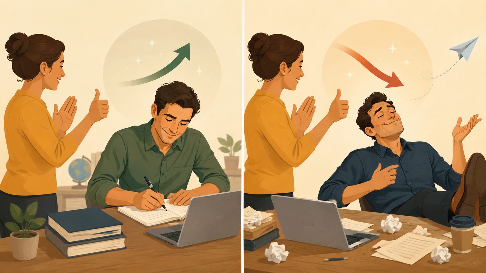 Praise makes good men better and bad men worse.の意味とニュアンスを示すイラスト