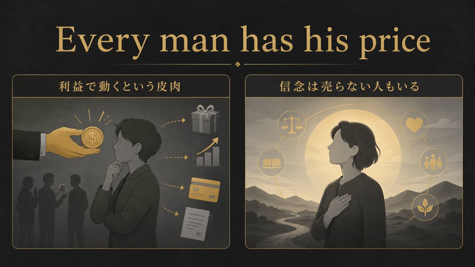 Every man has his priceの意味とニュアンスを説明するイラスト