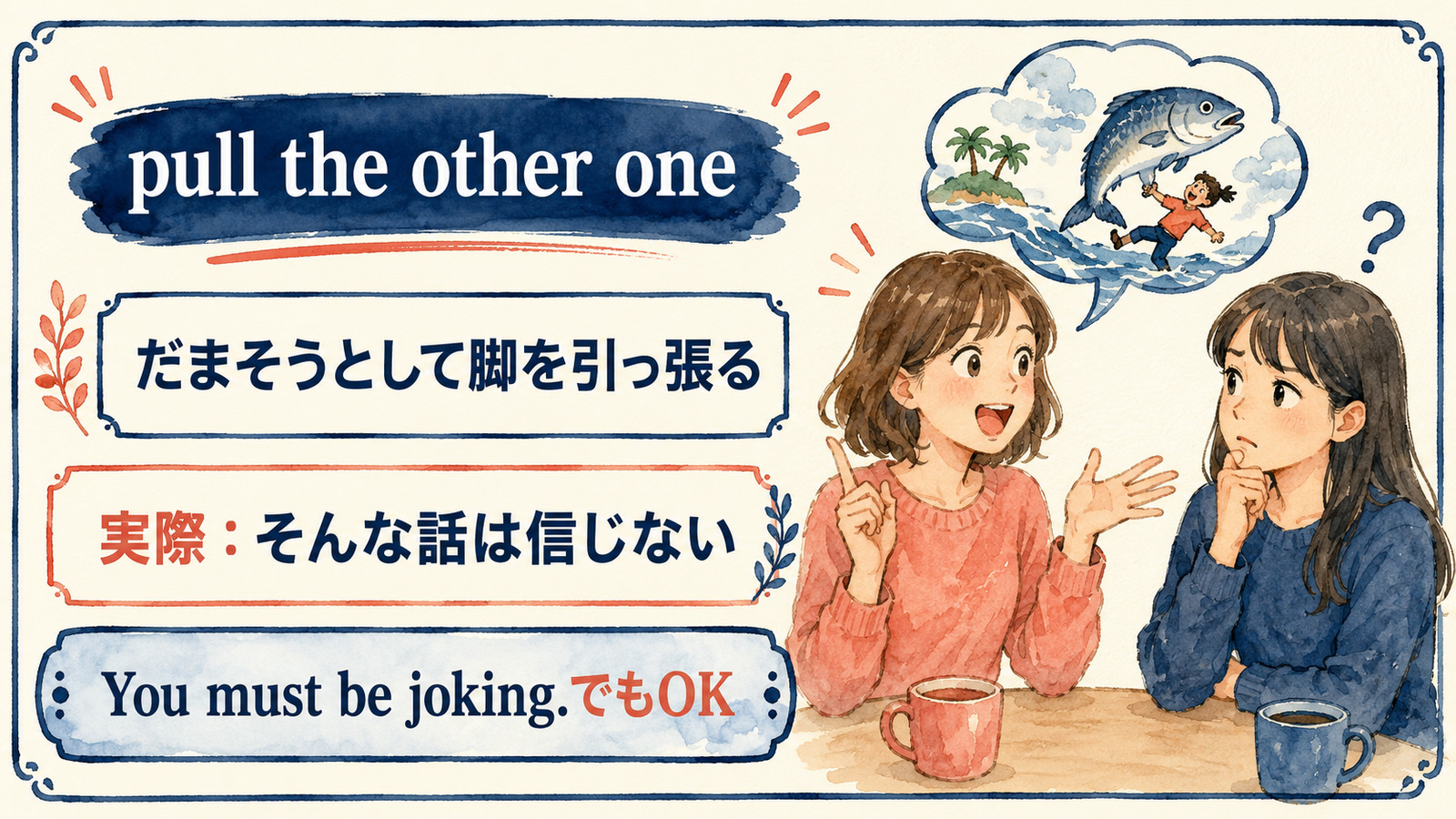 pull the other oneの直訳と実際の意味を比較する本文イラスト