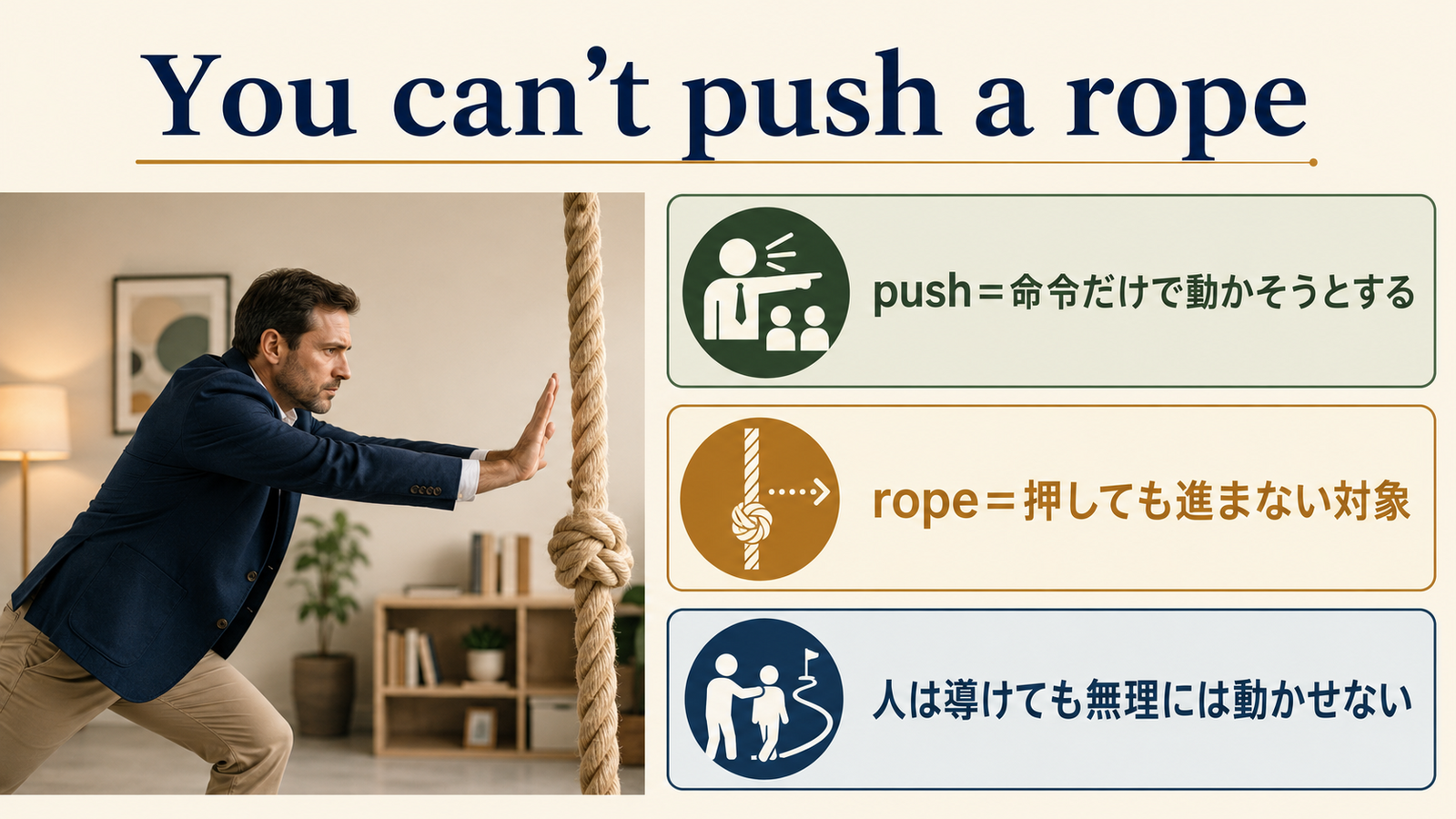 You can't push a ropeの直訳・実際の意味・注意点を比較する解説図