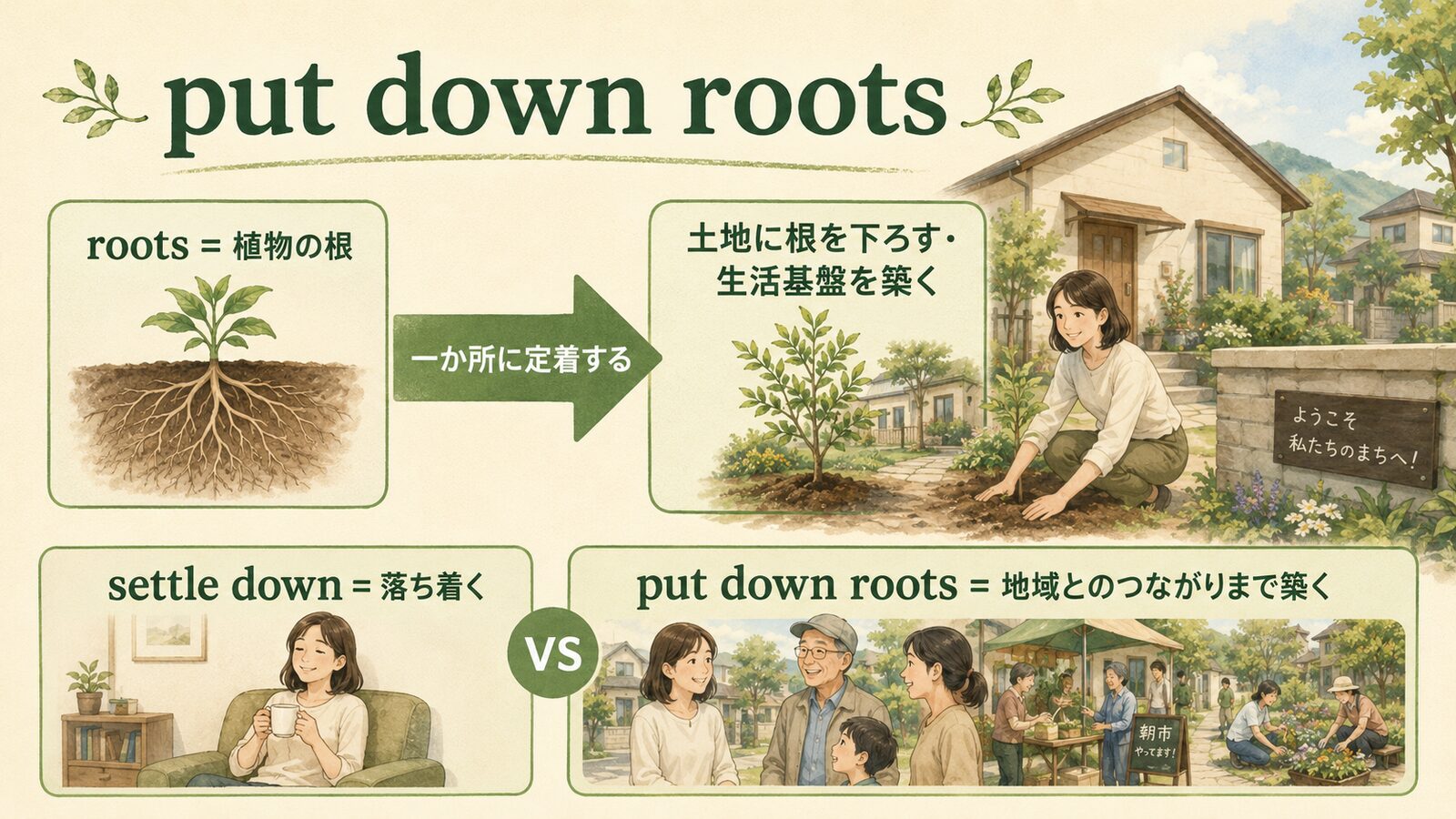 put down rootsの意味は？「土地に根を下ろす・生活基盤を築く」の使い方・ニュアンスと例文