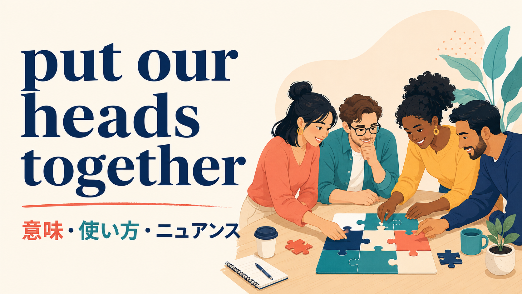 put our heads togetherの意味・使い方・ニュアンスを解説するアイキャッチ