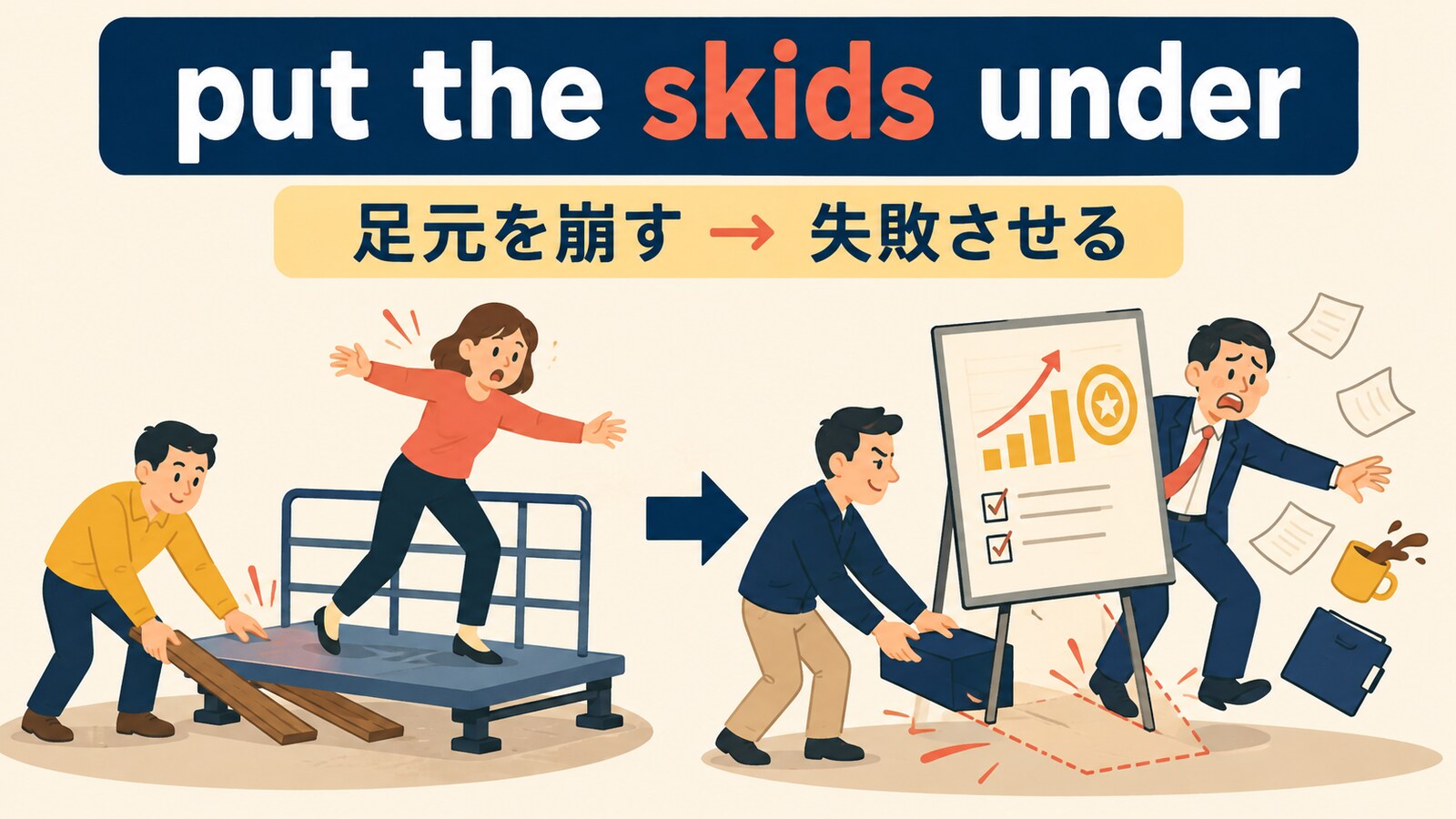 put the skids underの直訳から実際の意味へのつながりを示す解説イラスト