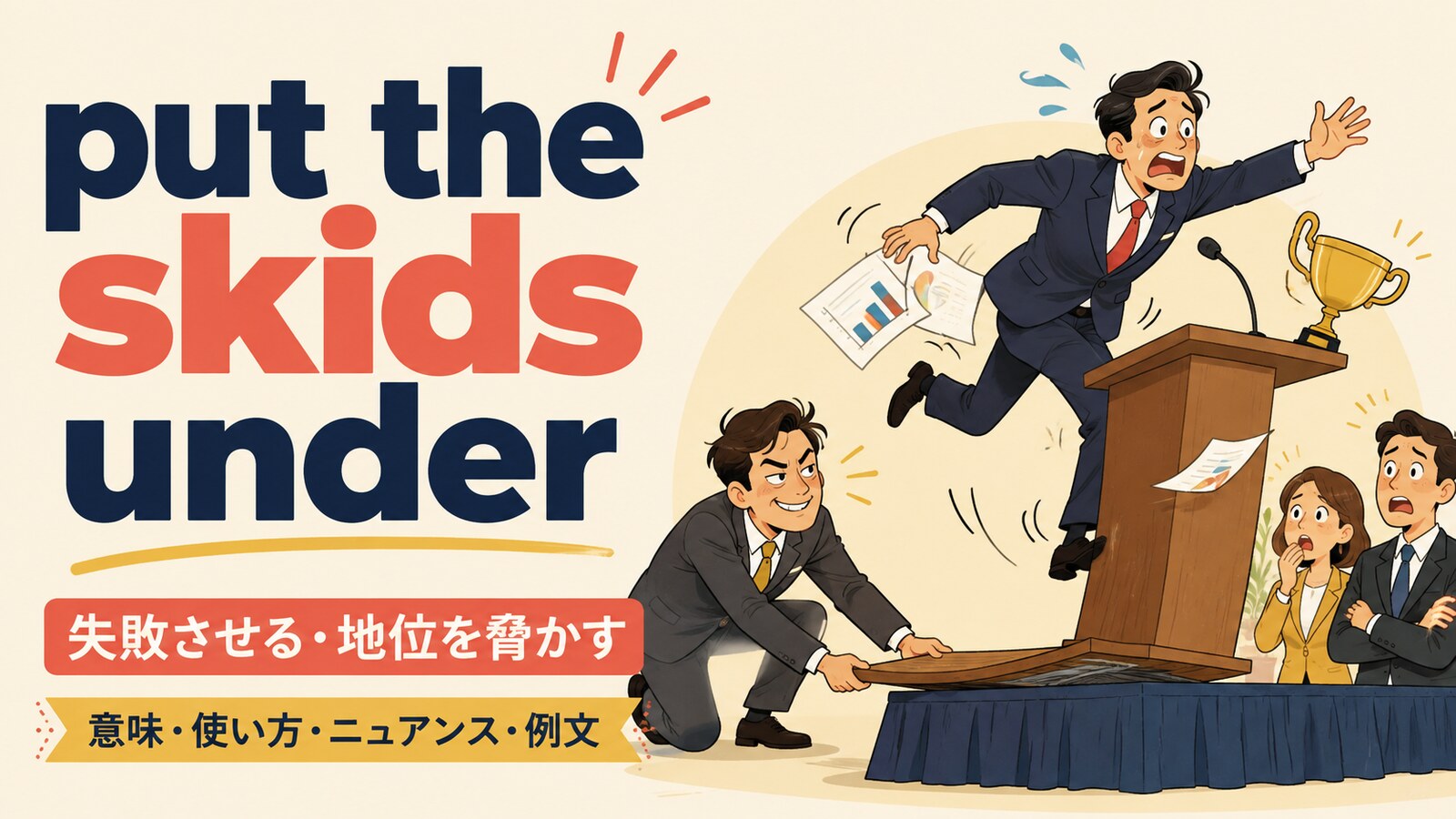 put the skids underの意味・使い方・ニュアンスを解説するアイキャッチ画像