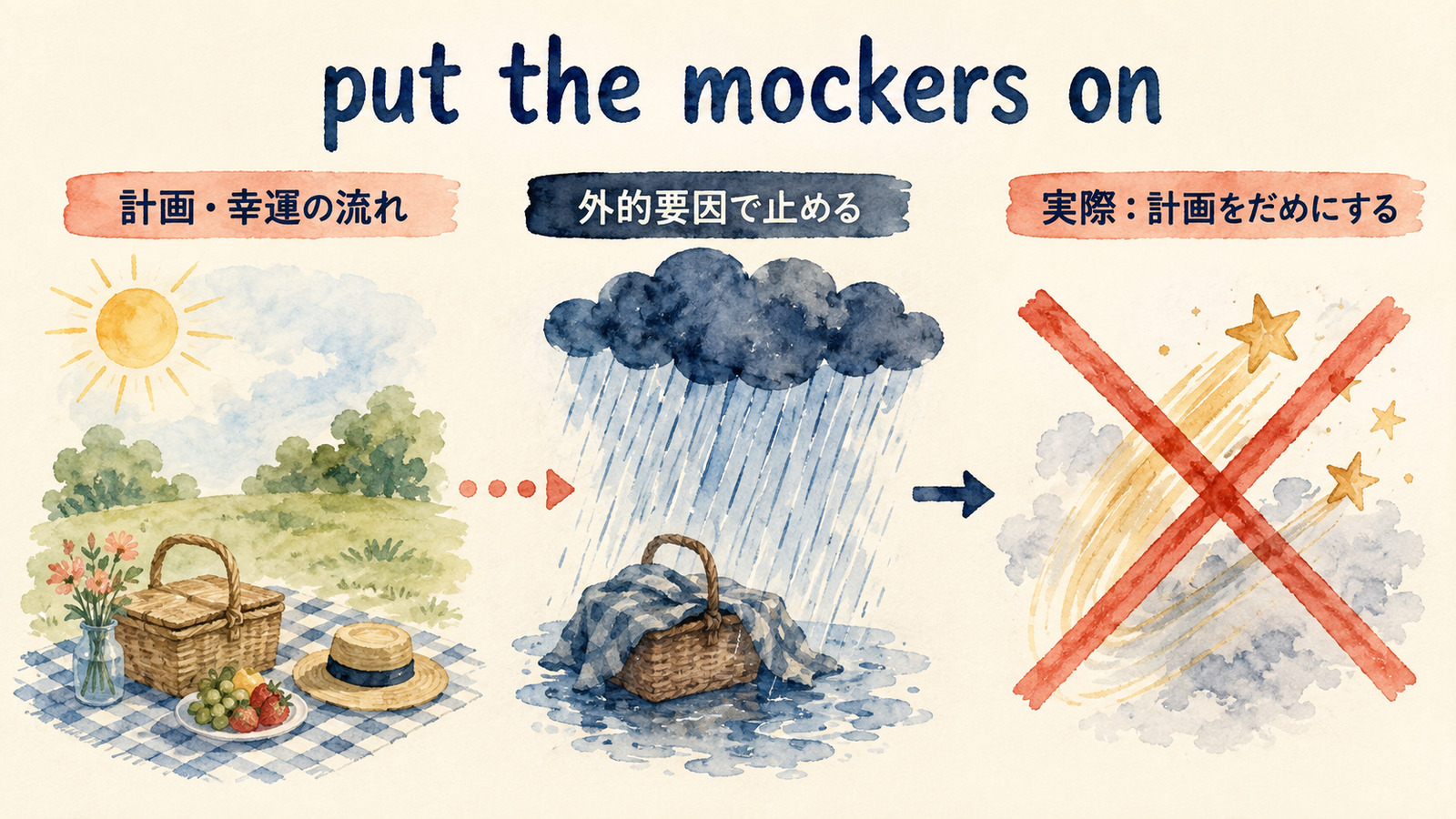 put the mockers onの直訳と実際の意味を比較する本文イラスト