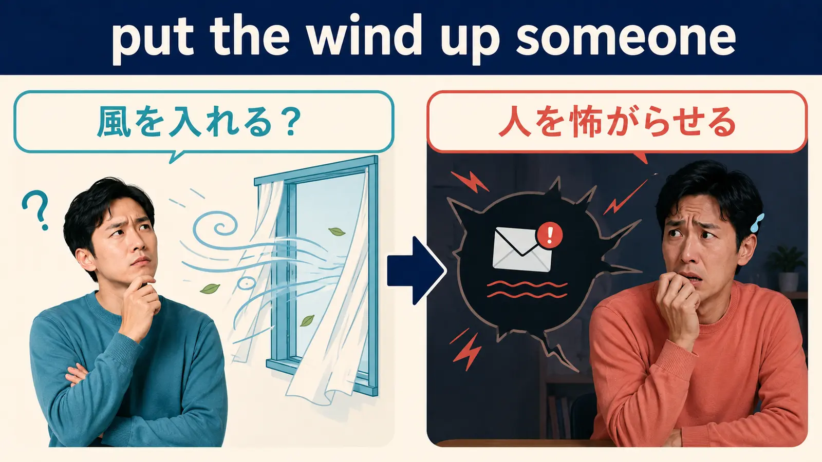 put the wind up someoneの直訳イメージと実際の意味の比較図
