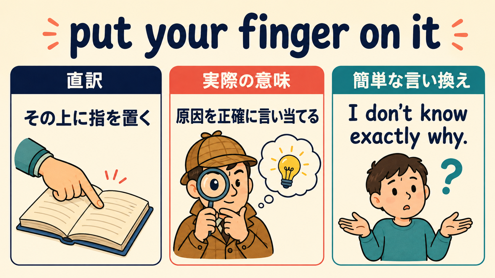 put your finger on itの直訳・実際の意味・簡単な言い換えを比較する図