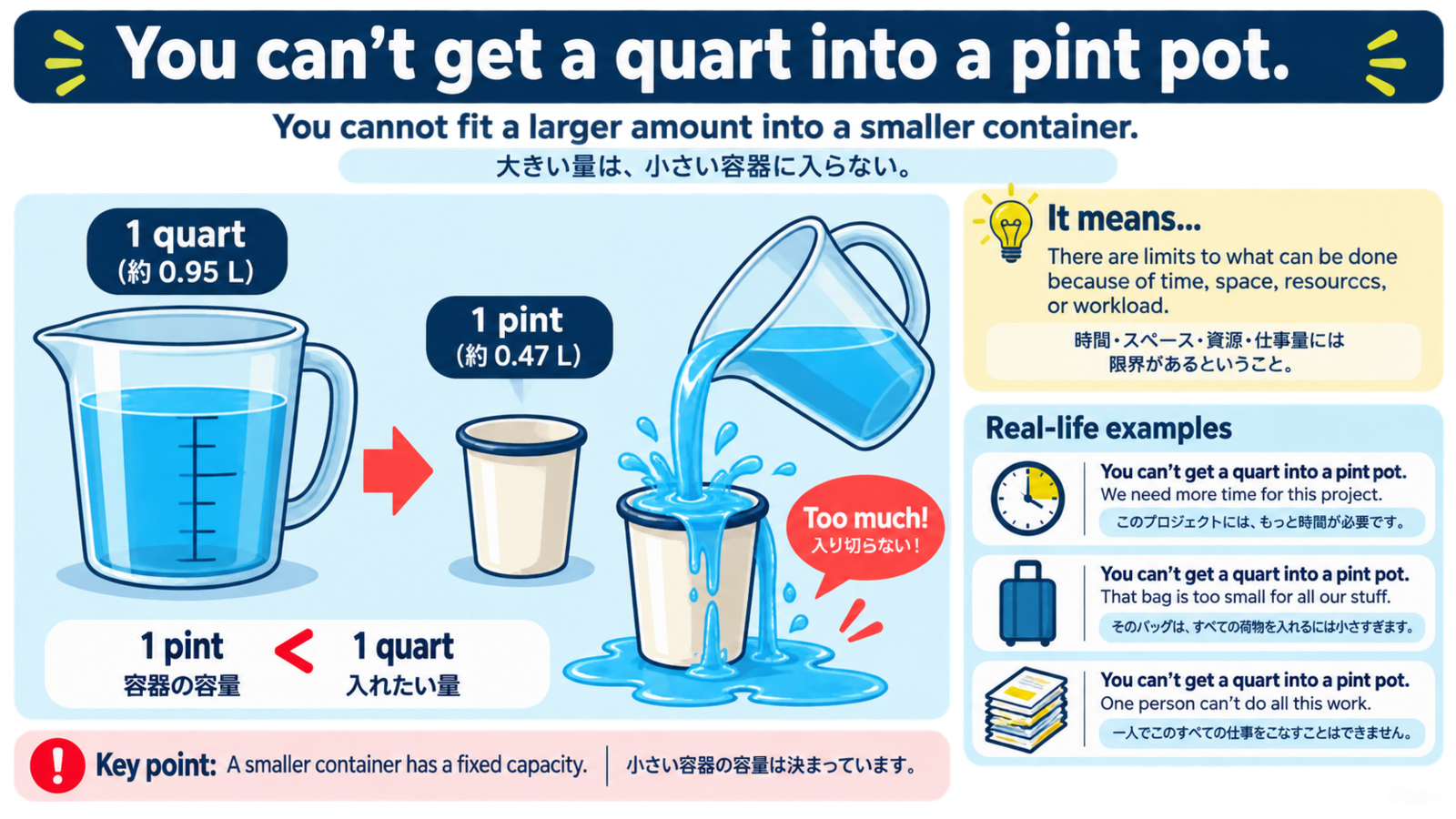 You can't get a quart into a pint potのニュアンスを図解