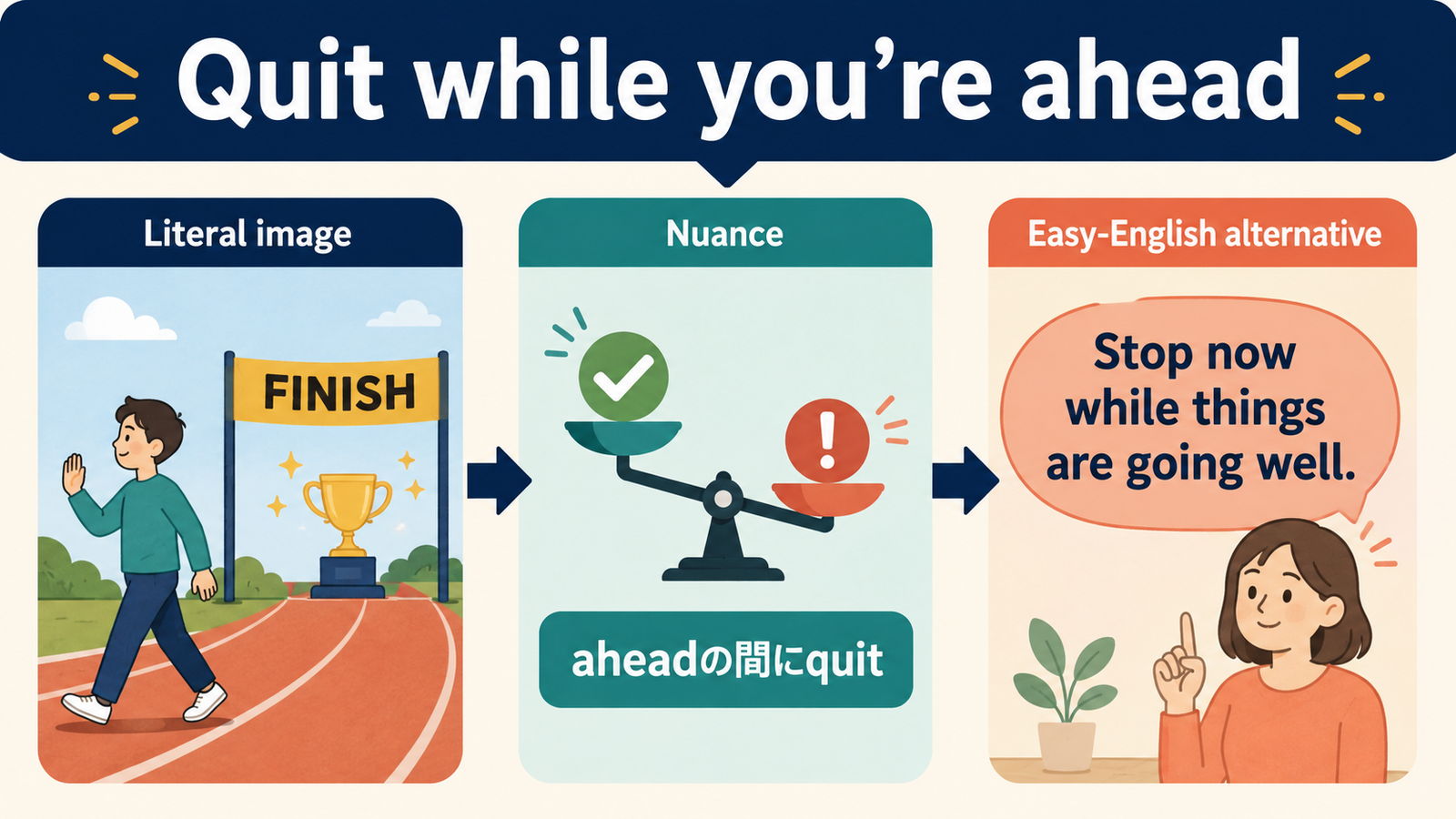 Quit while you’re aheadの意味・使い方｜ニュアンス・例文・簡単な言い換え