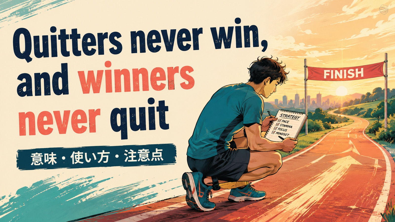 Quitters never win, and winners never quitの意味・使い方を解説するアイキャッチ