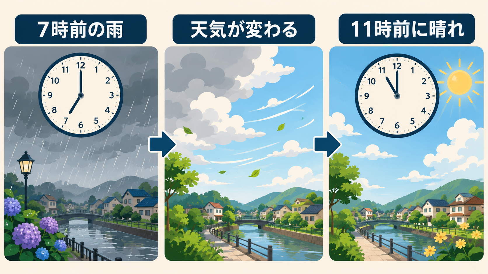 7時前の雨が11時前に晴れる変化を示すイラスト