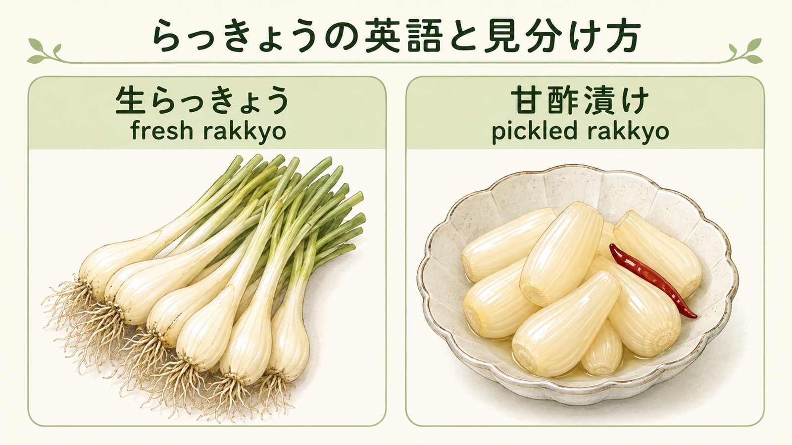 らっきょうと似た食材・植物の英語名を比較した教材イラスト