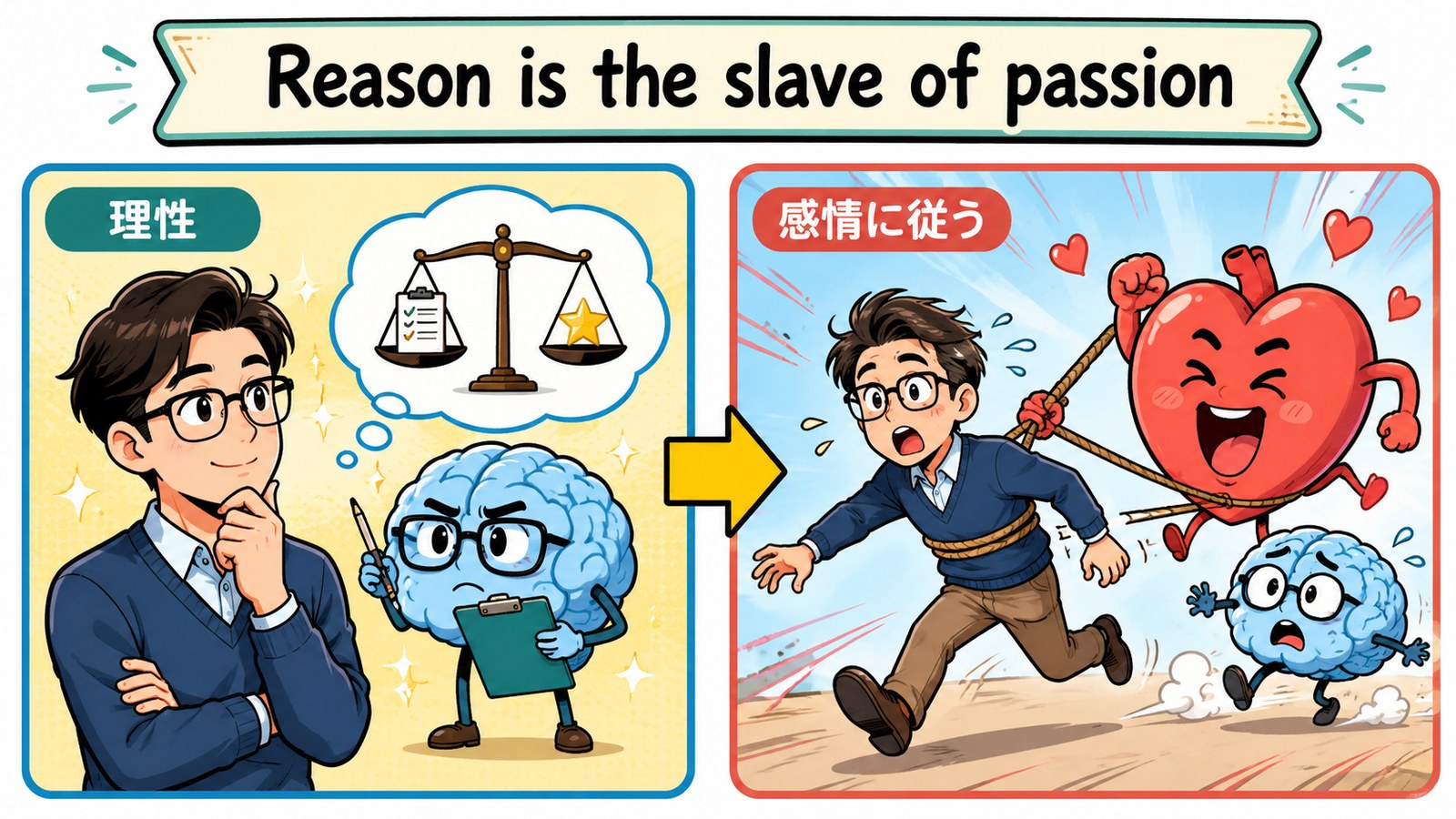Reason is the slave of passion.の直訳・実際の教訓・簡単な言い換えを比較した図