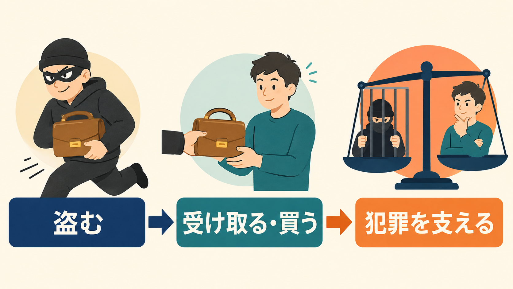 盗品を受け取る人も犯罪を支えるという考え方のイラスト