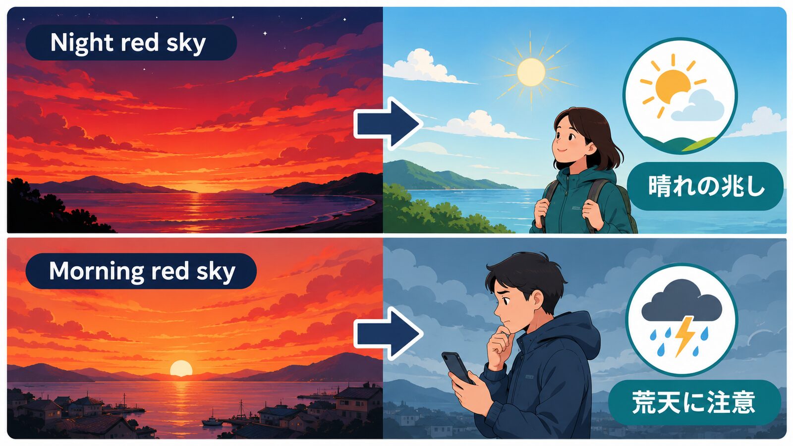 Red sky at night, shepherd's delight; red sky in the morning, shepherd's warning.の直訳と実際のニュアンスを比較した解説イラスト