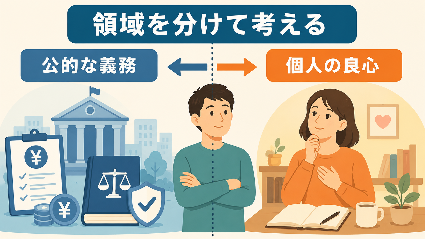 公的な義務と個人の良心の領域を分けて考えるイラスト