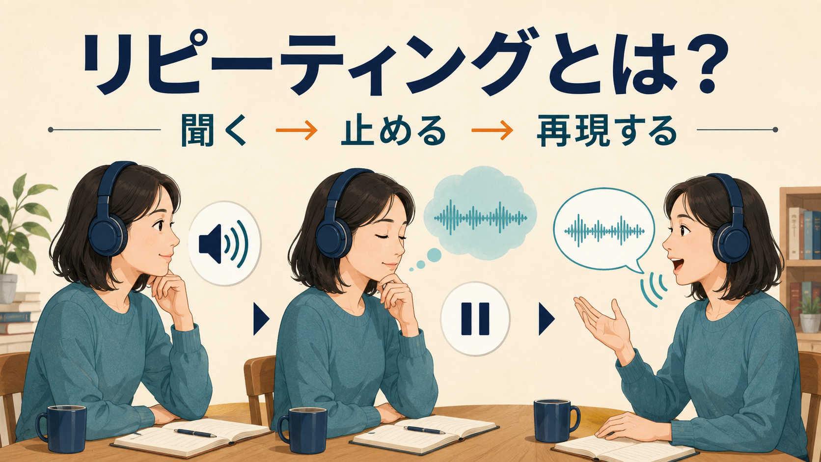 英語音声を聞いて止めて再現するリピーティングの流れ