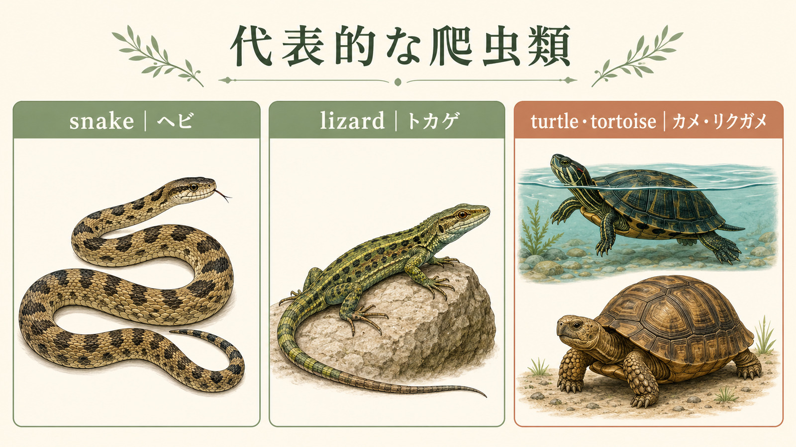 ヘビ・トカゲ・カメ・リクガメの英語