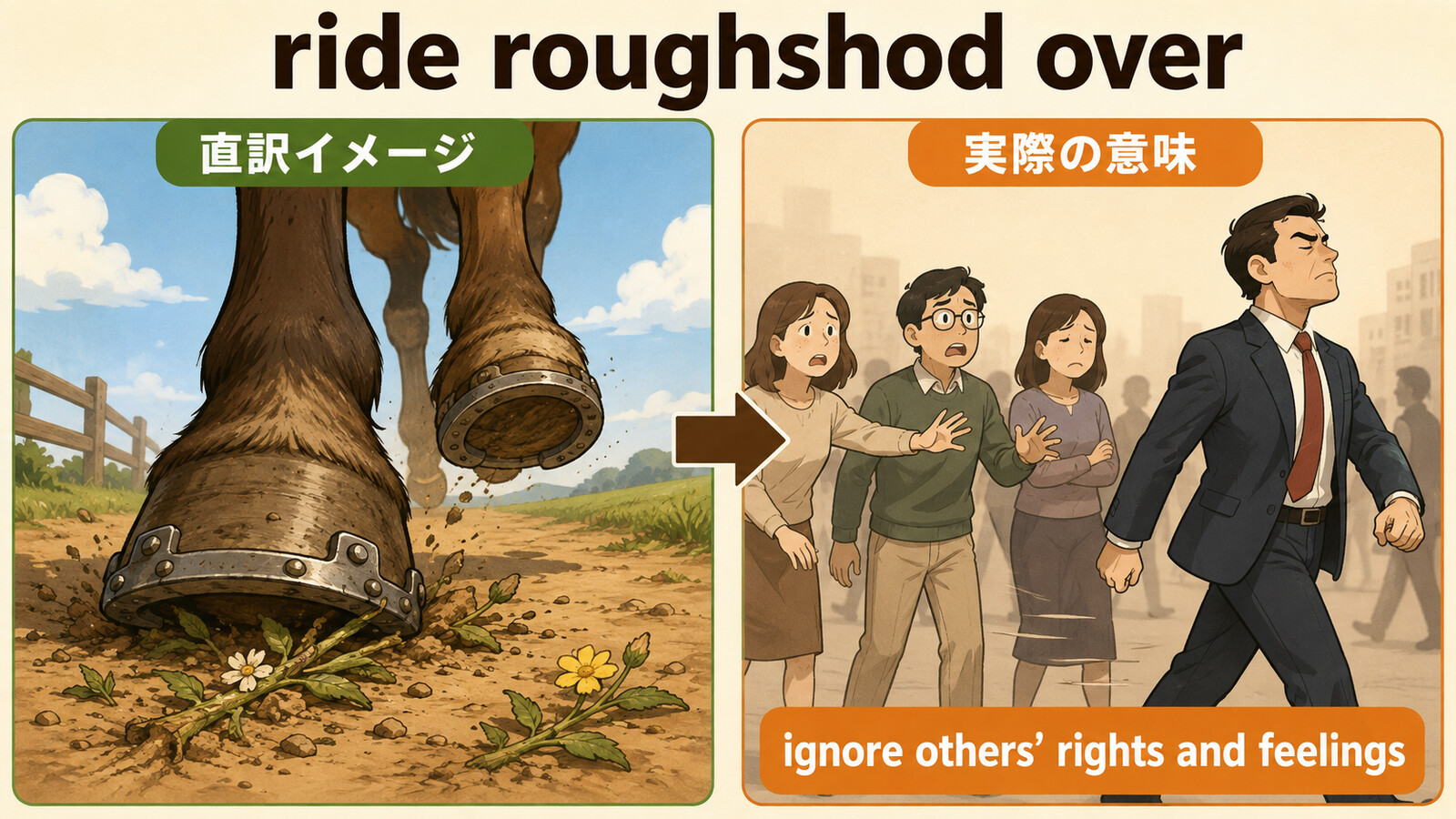 ride roughshod overの直訳イメージと実際の意味を比較する解説イラスト