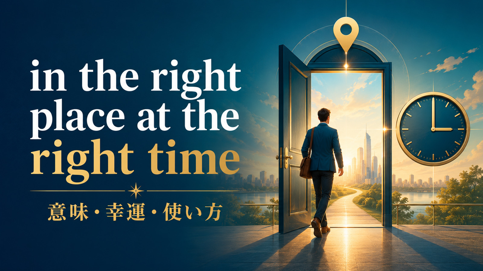 in the right place at the right timeの意味・使い方を解説するアイキャッチ