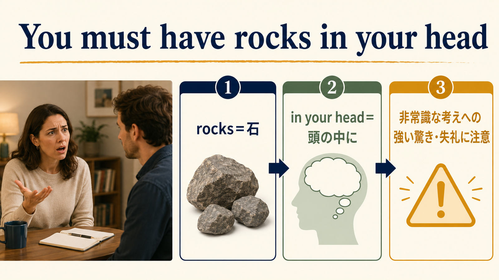 You must have rocks in your headの直訳・実際の意味・注意点を比較する解説図