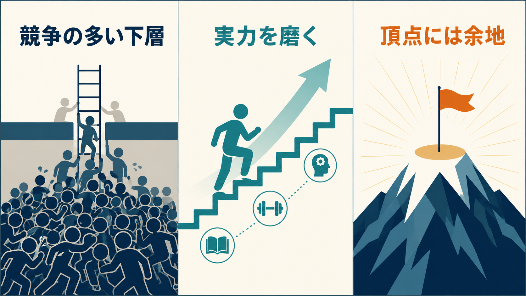 競争の多い下層から実力を磨き頂点の余地へ進む図解