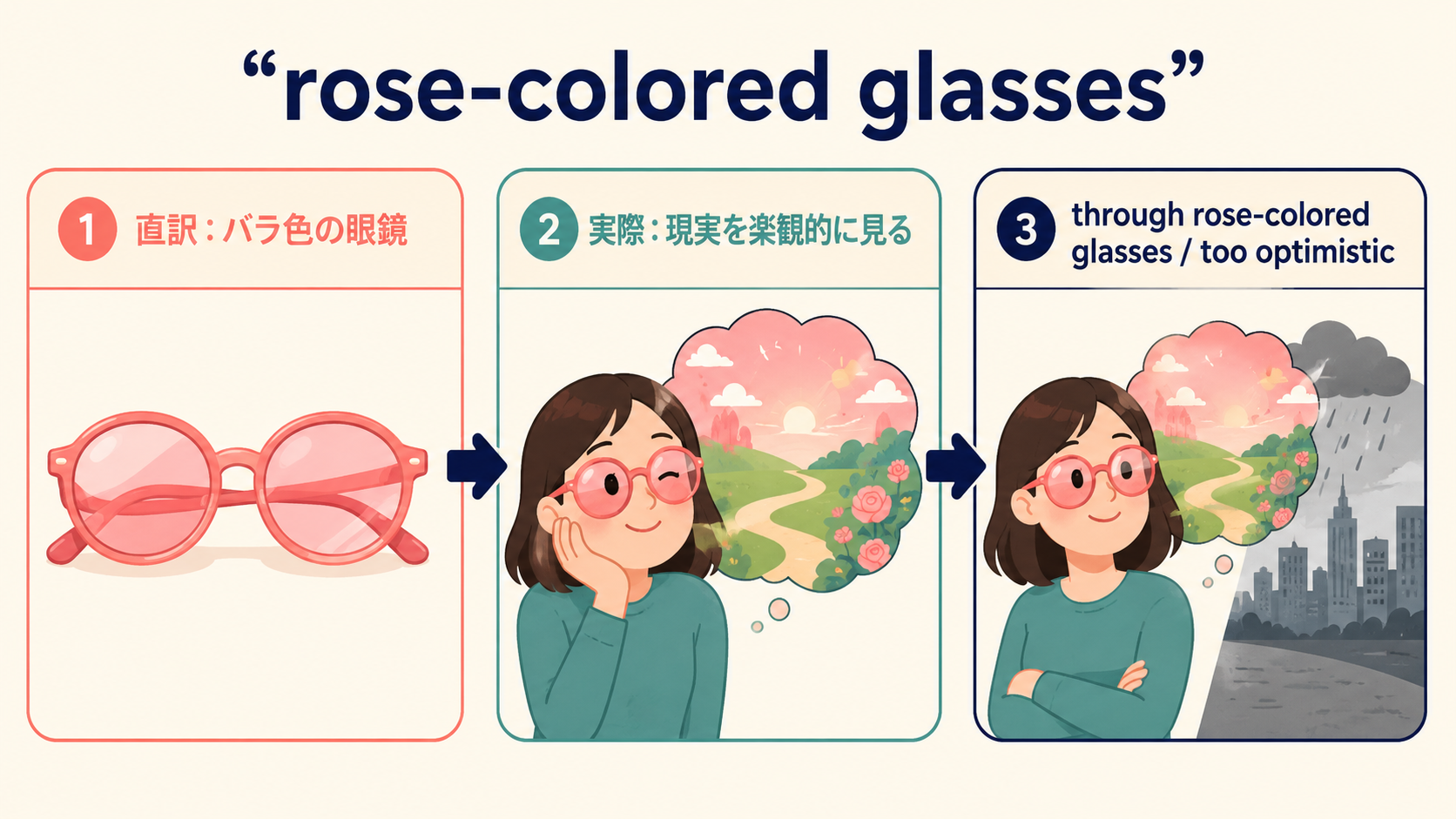 rose-colored glassesの直訳・意味・簡単な言い換えを説明する教材イラスト