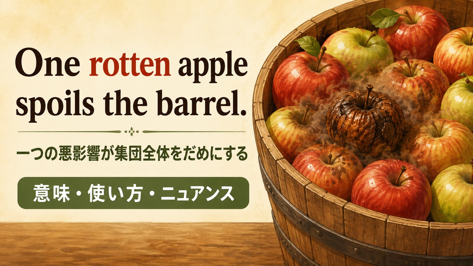 One rotten apple spoils the barrel.の意味・使い方・ニュアンス｜例文と簡単な言い換え