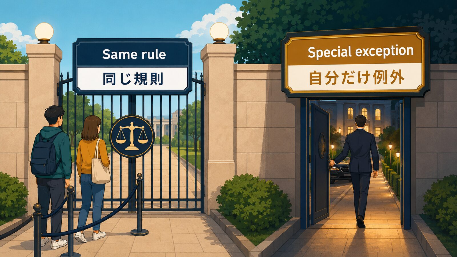 Rules for thee, not for me.を直訳と実際のニュアンスで比較した解説イラスト
