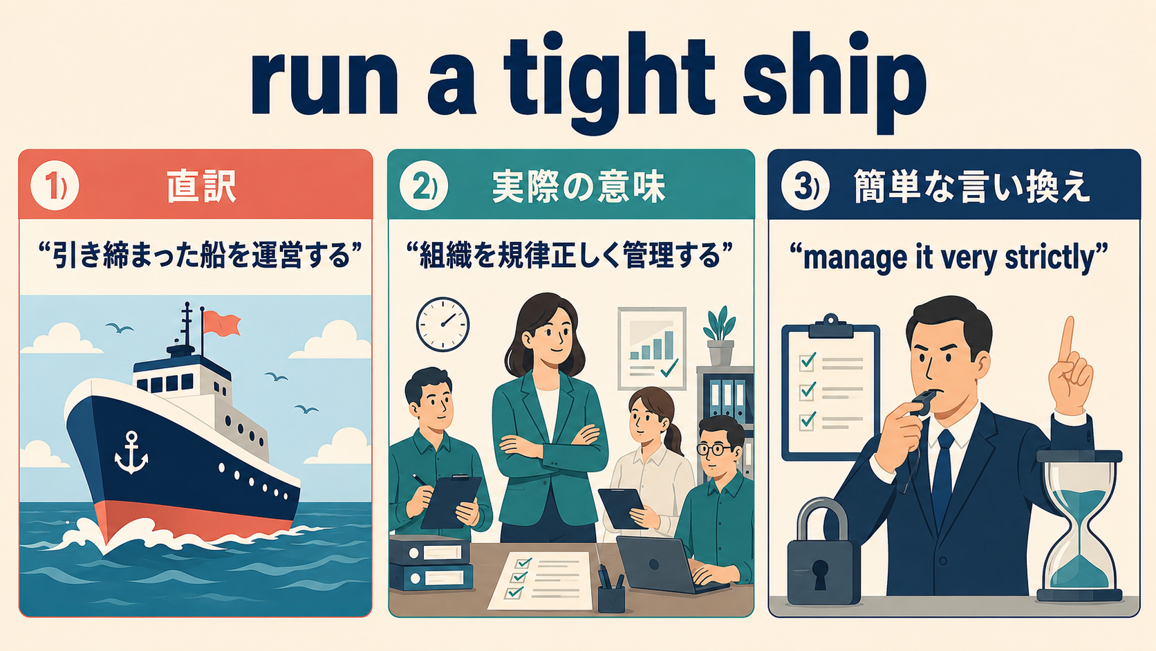 run a tight shipの直訳・実際の意味・簡単な言い換えを比較する図