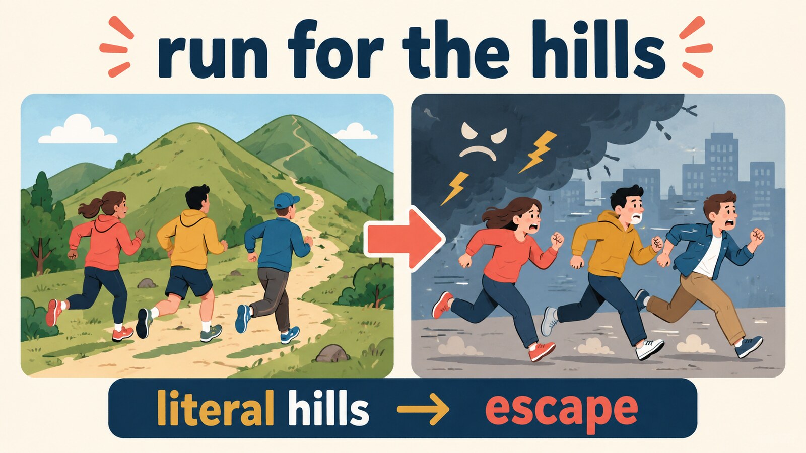 run for the hillsの直訳から実際の意味へのつながりを示す解説イラスト